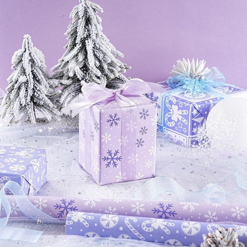 LeZakaa Christmas Wrapping Paper Mini Roll - Bell & Tree/Candy Canes/Snowflakes Design in Light Purple for Gift Wrap, Arts Crafts - 17 x 120 inches - 3 Rolls (42.5 sq.ft.ttl.) - Image 3